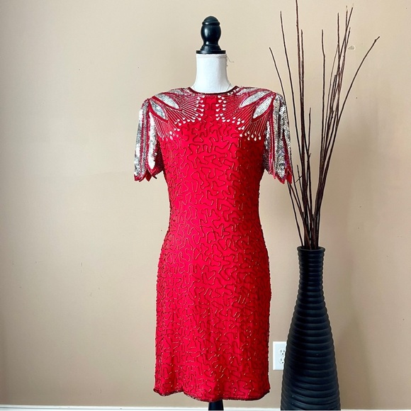 LAURENCE KAZAR | VINTAGE Red Pure Silk Sequin Open Back Cocktail Dress Sz M - Picture 1 of 13